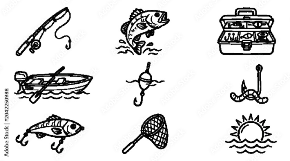 Obraz premium Summer fishing icon collection, fishing rod, fish, tackle box, boat, line art, black outline, isolated