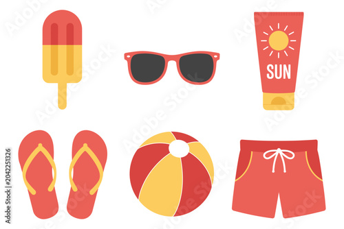 Obraz na plátne Summer Travel Beach Accessories Vector Set with Cartoon Sunglasses, Sun Cream, F