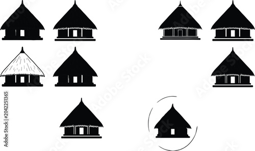 Photos Traditional African Hut Icon Set with Tribal Round Straw Mud Houses for Village