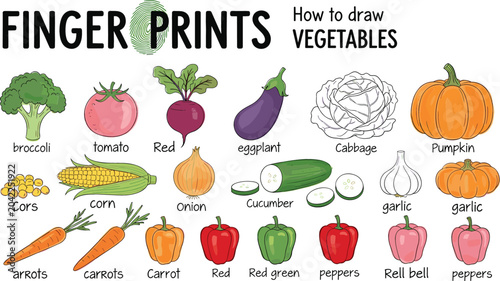 Tableau sur toile How to Draw Vegetables Fingerprints Art Instruction Vector Set with Broccoli, To