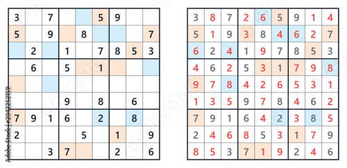 Fotografie Sudoku puzzle grids with solved and unsolved versions displayed