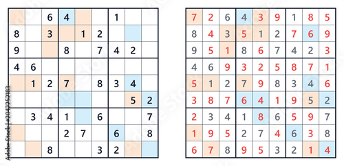 Fotografi Sudoku puzzles showing incomplete and solved grids for gameplay