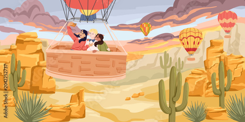 Photos Hot air balloon ride with friends taking selfie above desert canyon at sunset