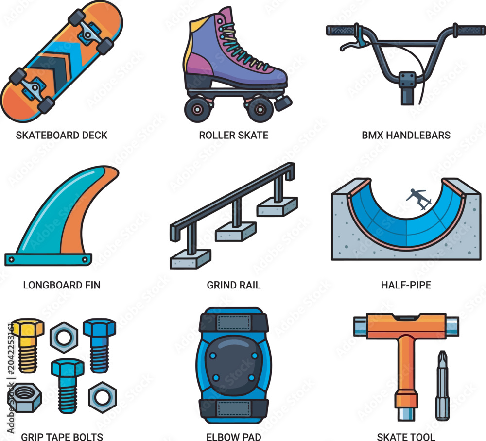 Naklejka premium Vector icon set featuring extreme urban sports gear. Includes detailed illustrations of skateboards, roller skates, BMX parts, and protective pads perfect for modern graphic design.