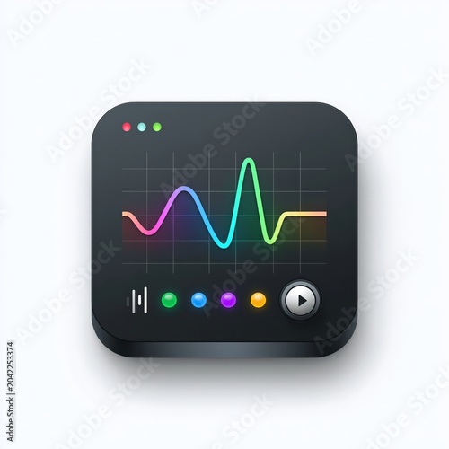 Dark modern app icon with colorful waveform graph display and playback controls on black background