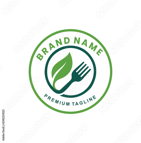 Professional organic catering logo showcasing slanted fork with single leaf.