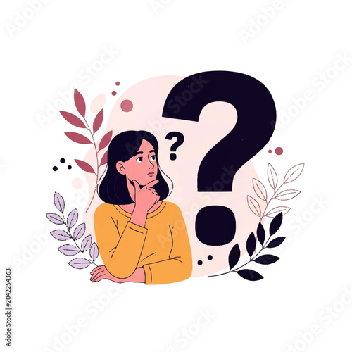 Obraz na płótnie Vector flat design illustration of a thoughtful woman pondering a large question