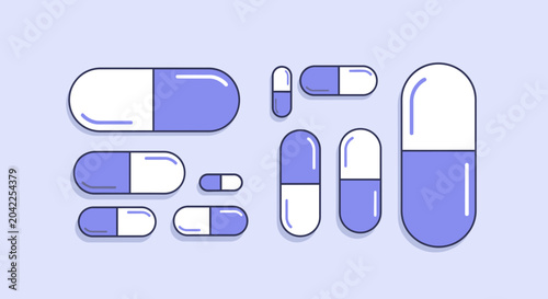 Illustration Of Varied Medicine Capsules On Pale Lavender Background