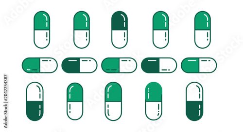 Illustration Of Various Green And White Capsule Medications For Healthcare Designs
