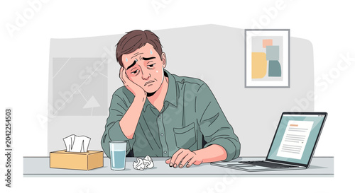 Illustration Of Weary Employee At Desk, Depicting Job Burnout, Stress And Fatigue