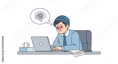 Illustration Of Weary Employee At Desk Depicting Overwork And Emotional Distress