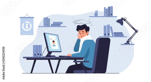 Illustration Of Weary Employee Experiencing Dizziness And Exhaustion At Work Under Stressful