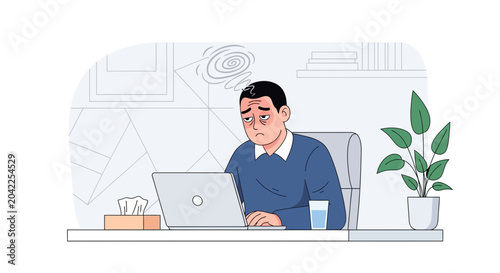 Illustration Of Weary Employee At Work, Displaying Headache, And Mental Wellbeing