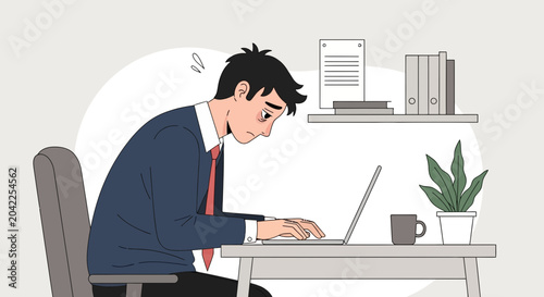 Illustration Of Weary Employee Working On Laptop Amidst Workplace Stress, Tension Illustration