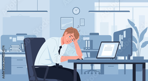 Illustration Of Weary Employee Overwhelmed With Work At An Office Desk Situation