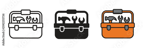 Tool Box Icon Vector Pack with Outline and Flat Style Designs for Web Interfaces, Graphic Projects, Maintenance and Repair Applications