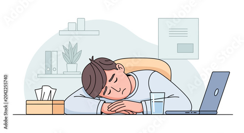 Illustration Of A Tired Man Resting On A Desk While Working At Office, Depicting Burnout