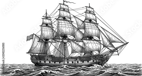 Photos Vintage hand drawn sailing ship engraving style classic galleon vessel on ocean