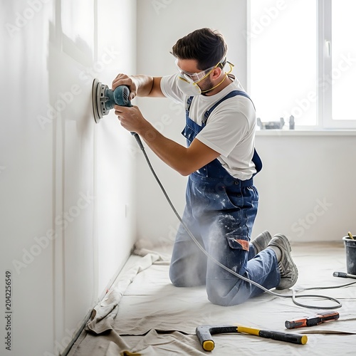 Tradesperson meticulously sands a newly plastered wall with power tool, wearing protective gear