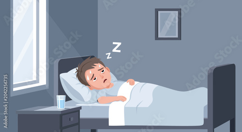 Illustration Of A Sick Person In Bed At Home With Fever And Feeling Under The Weather