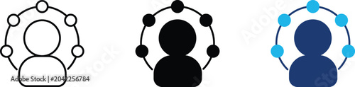 Outsourcing icon set representing professional skill distribution, freelance developer network and human resources talent pool. Symbol of target customer persona profiling, global connection nodes.