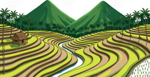 Konstfotografi Scenic Terraced Rice Field Landscape with Mountains, Palm Trees, River, and Trad