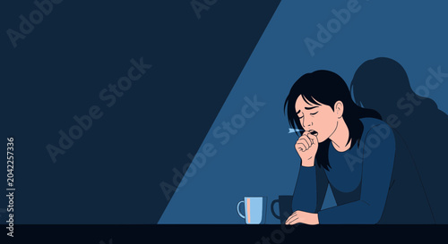 Illustration Of A Sick Woman Coughing And Drinking Coffee In A Dark Room