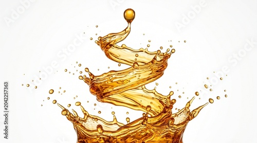 Fotografía Golden liquid splashing upwards in a dynamic spiral motion with droplets on a wh