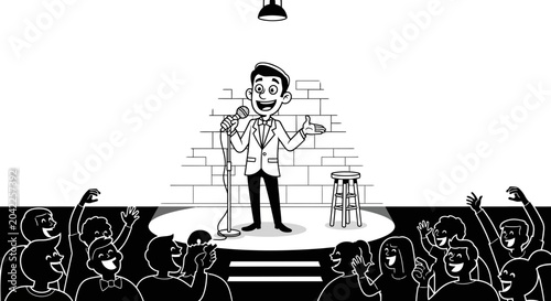 Tableau sur toile Comedian Performing Stand Up Comedy on Stage to Laughing Audience, Black and Whi