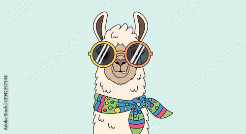 Cool Llama Wearing Sunglasses and Scarf, Cartoon Style