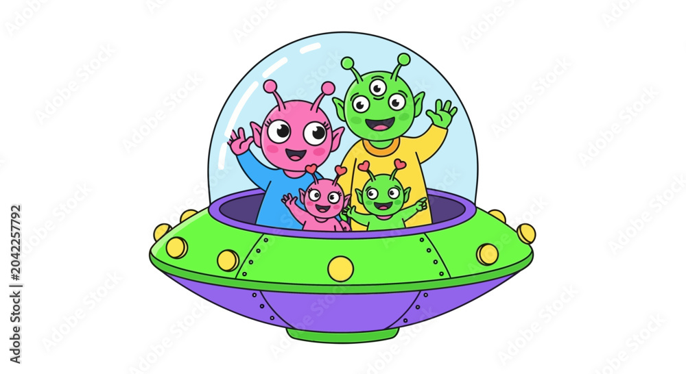 Obraz premium Cute Alien Family in Flying Saucer, Cartoon Style, Waving Hands