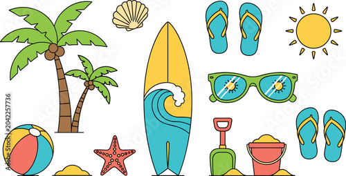 Photography Summer beach vacation elements icon set with surfboard palm tree sunglasses and