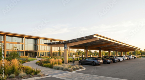 Modern Sustainable Office Building with Solar Panel Carport and Electric Vehicle Charging Stations