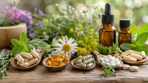 Exploring herbal remedies and natural supplements serene outdoor setting still life photography vibrant greenery close-up view wellness concept for holistic health enthusiasts
