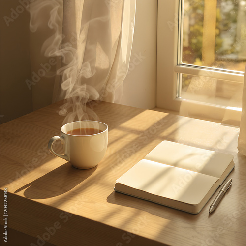 Cozy morning scene with steaming cup of tea and notebook on wooden table by the window
