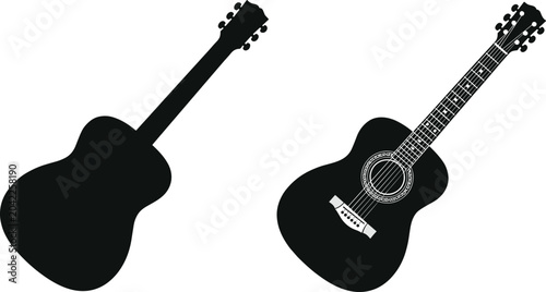 Schilderij op canvas Acoustic guitar icons set featuring a solid silhouette and a detailed musical in