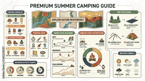 Camping guide infographic displays essential summer outdoor survival tips and safety protocols for responsible nature.