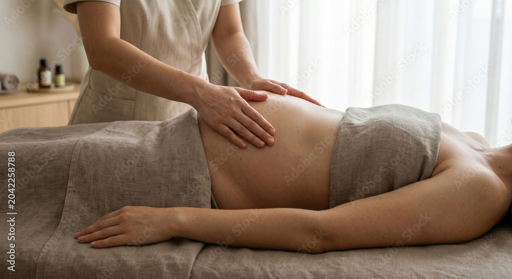 Obraz premium Therapist massaging pregnant belly of woman in wellness spa