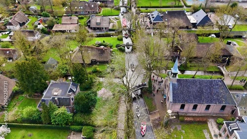 Aerial drone shots of the water village of Giethoorn Overijsel Netherlands