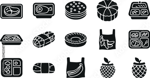 Fotografie Supermarket food packaging solid icon collection featuring packed steak chicken