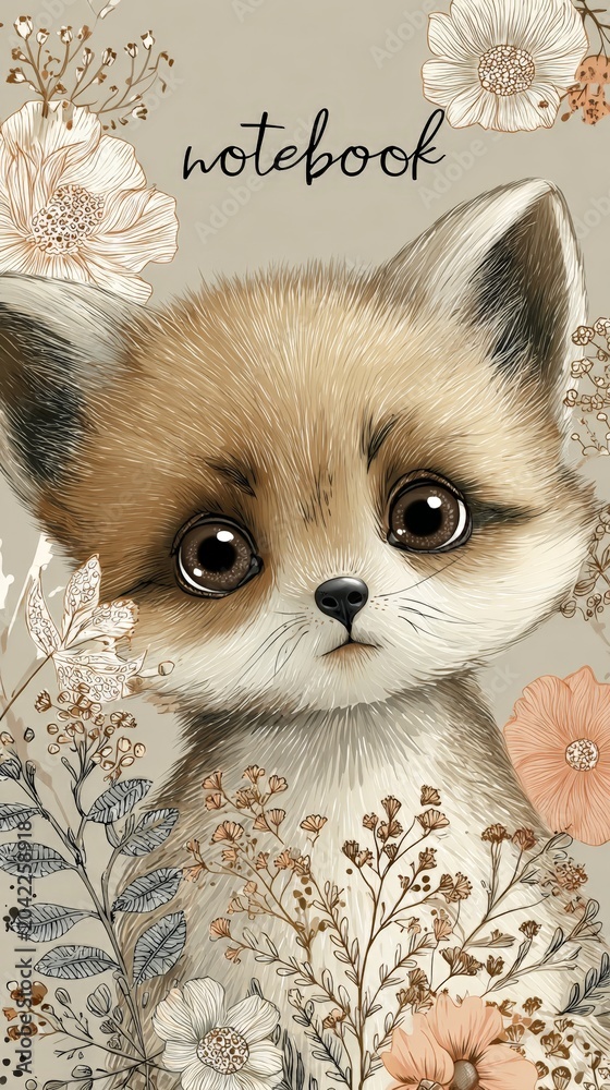 Fototapeta premium Adorable fox puppy gazes with soft, curious eyes. Delicate flowers frame the notebook cover gently. Pastel tones evoke calm, gentle, and whimsical vibes. Perfect for journals, planners