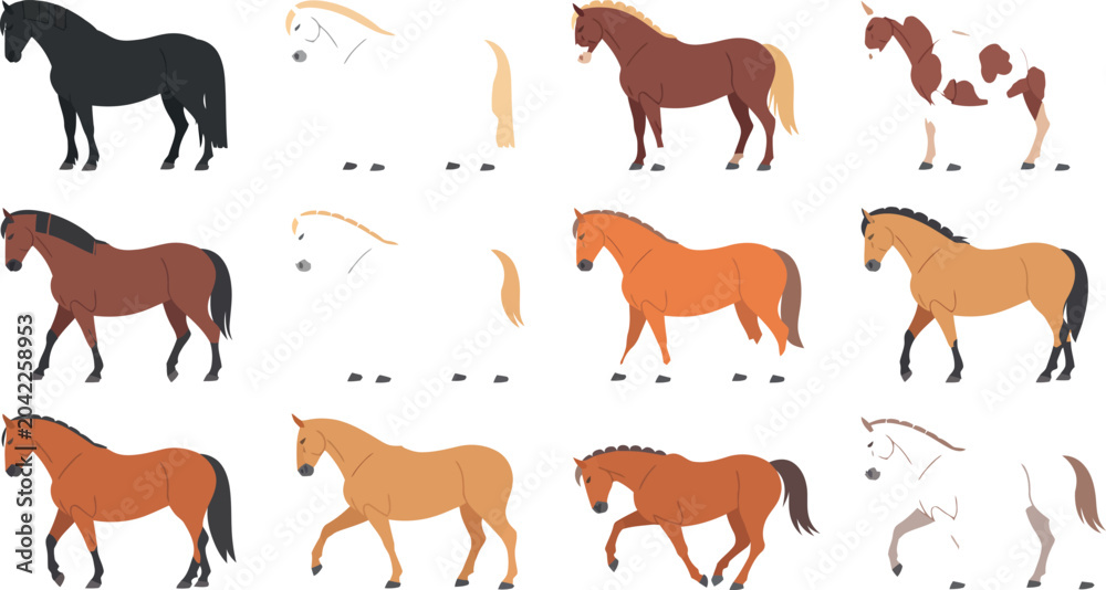 Obraz premium Horse Breeds Vector Illustration Set Featuring Various Stallion Coat Colors and Standing Poses for Equestrian Sports Ranching and Nature Theme Designs