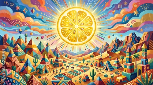 Vibrant desert landscape featuring a giant lemon slice sun shining down on colorful geometric pyramids tents and cacti in a surreal artistic style with bright warm saturated summer color palettes.