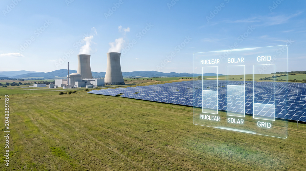 Obraz premium Hybrid energy production landscape featuring solar panels and nuclear power plant with digital grid interface