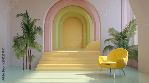 Interior scene showcases pastel color scheme with architectural arches and tropical foliage beside contemporary seating