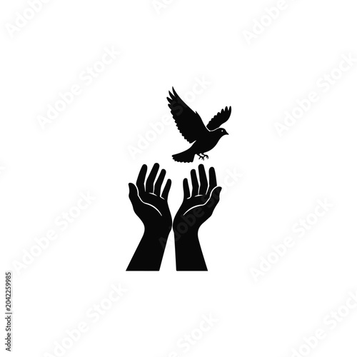 Black silhouette of a bird flying away from outstretched hands on white background