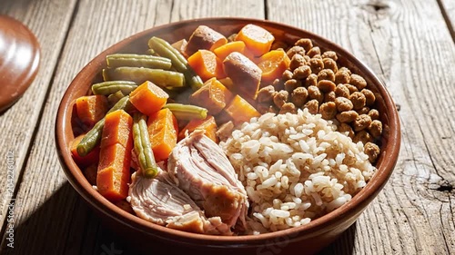 A hearty and healthy bowl of food featuring sliced turkey, brown rice, green beans, carrots, and chickpeas, presented in a rustic earthenware dish on a wooden surface.