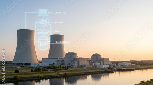 Nuclear Power Plant Facility at Sunset with Digital Energy Process Diagram Overlay