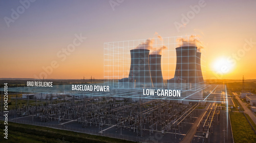 Nuclear Power Plant with Digital Data Overlay for Grid Resilience and Low-Carbon Baseload Energy at Sunset