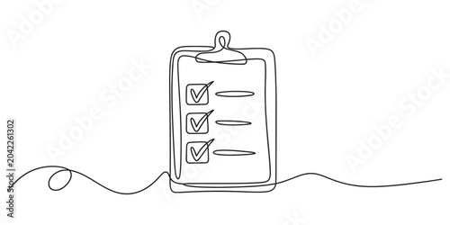 Continuous one line drawing of a clipboard with a completed checklist